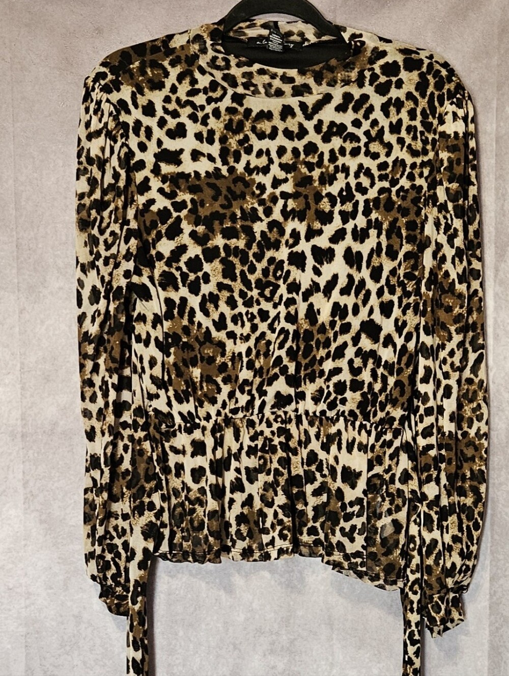 A Love Story Leopard Print Peplum Blouse Womens XL Long Sleeve Top Tie Waist